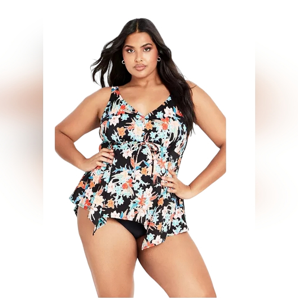 Avenue Leilani Sharkbite Tankini Swim Top Swimsuit Black Blue Floral Plus Sz 30W